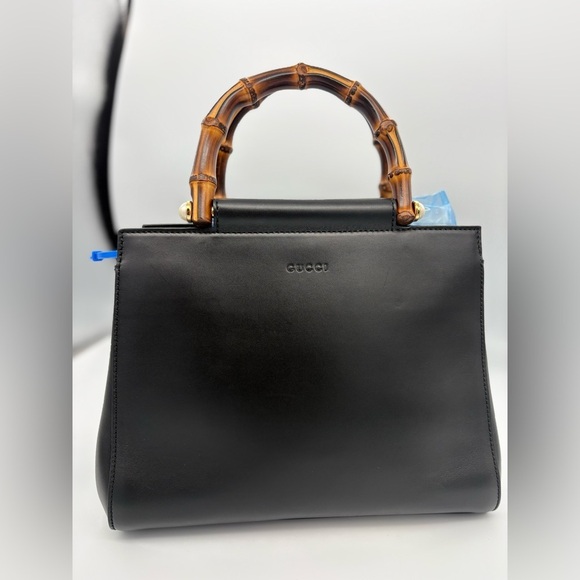 GUCCI Nappa Bamboo Nymphaea Top Handle Satchel Bag Black with Dustbag - Picture 5 of 16